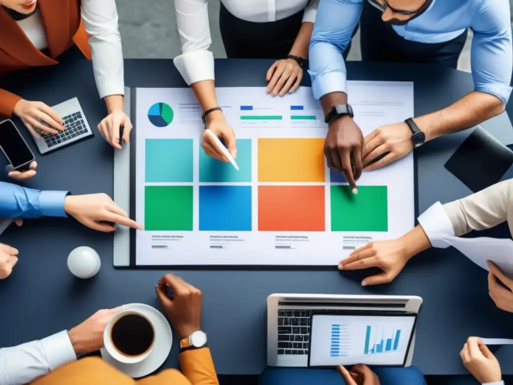 Reunión de profesionales: colaboración e innovación estratégica Una exitosa inversión en tiempo compartido: Profesionales colaborando con determinación en una escena colorida y moderna