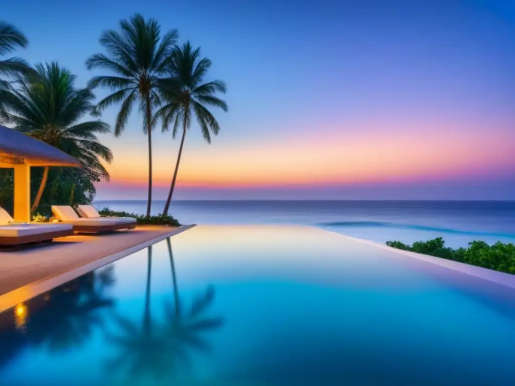 Infinity pool de lujo en playa paradisíaca al atardecer Exótica piscina infinita frente a playa de arena blanca y aguas turquesas, rodeada de palmeras verdes bajo cielo azul