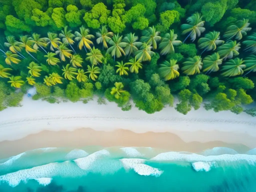 Paraíso tropical: playa desierta al atardecer Exótica playa tropical desierta con aguas turquesas, palmeras verdes y arena dorada