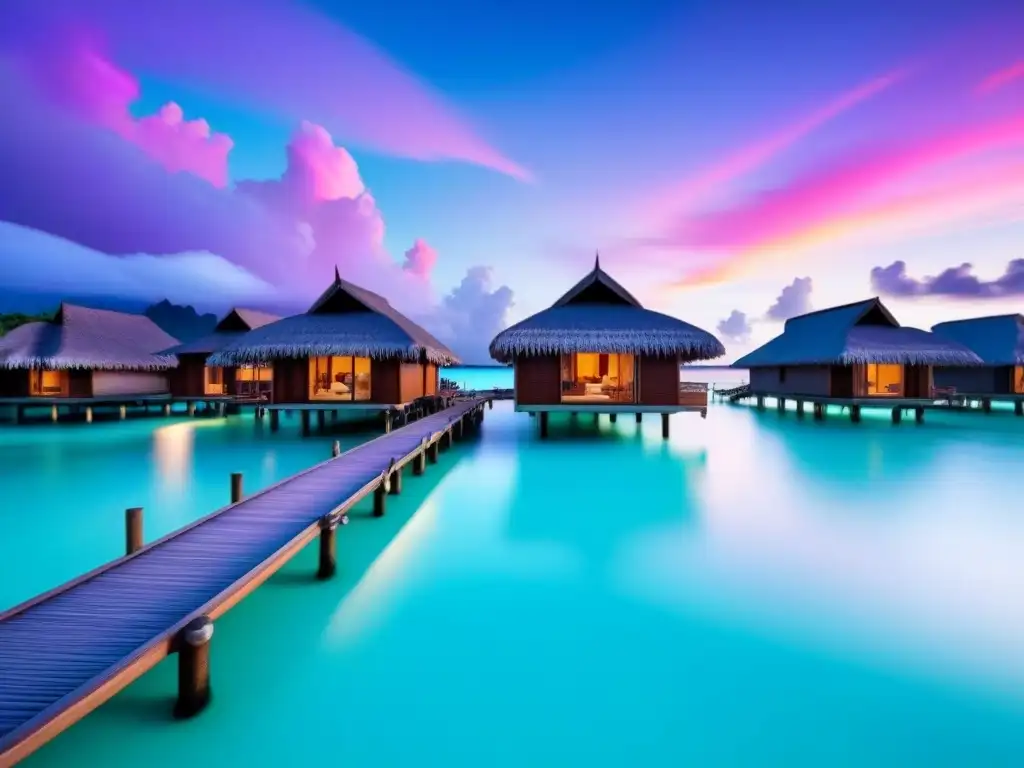 Paraíso tropical en Bora Bora: lujo y relax en 8k Exótico resort frente al mar en Bora Bora con aguas turquesas, palmeras y atardecer de colores