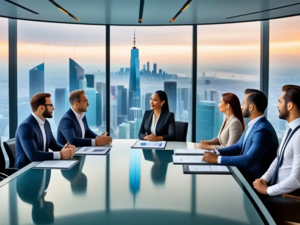 Inversionistas internacionales debaten estrategias inmobiliarias en ciudad cosmopolita Expatriados debatiendo estrategias de inversión inmobiliaria internacional en moderna sala de juntas con vista a la ciudad