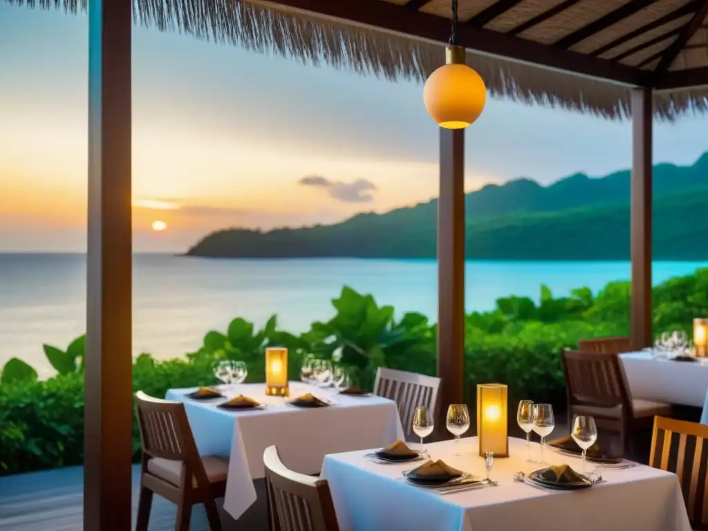 Experiencia culinaria en resort de isla privada: restaurante al aire libre con elegante diseño y ambiente sofisticado