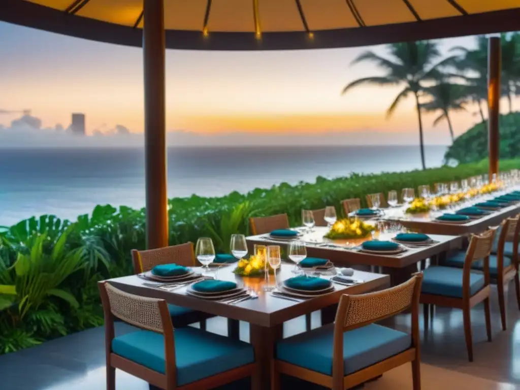 Experiencia culinaria en resort de isla privada al atardecer