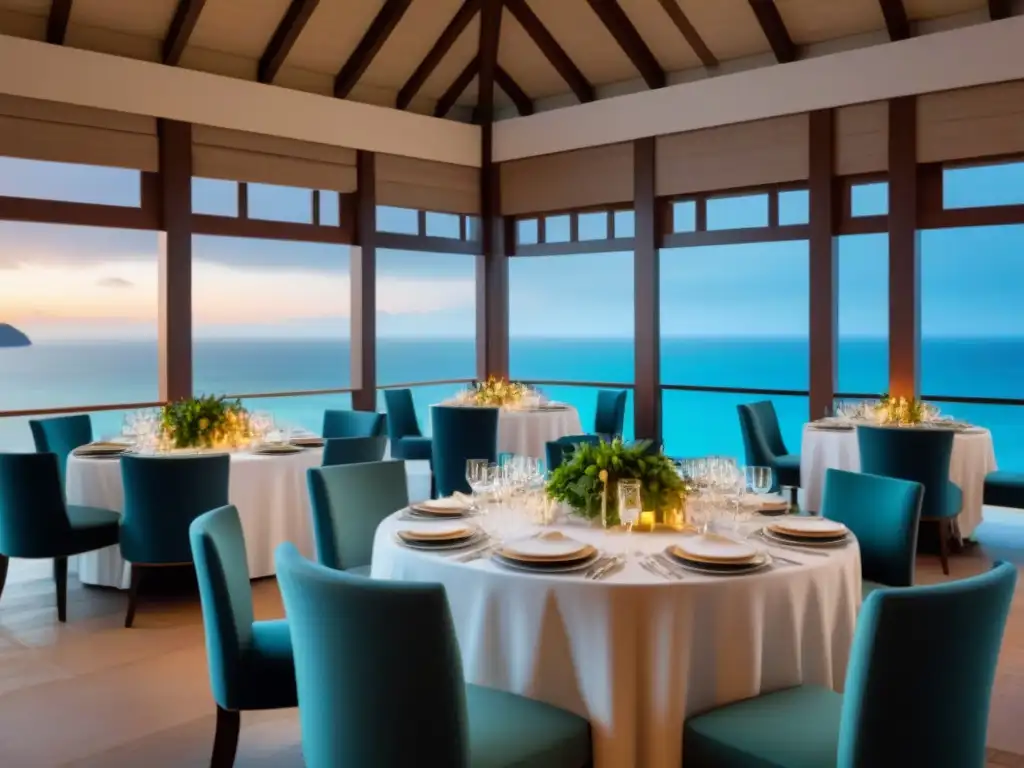 Exclusiva cena al aire libre en resort de lujo Una experiencia gastronómica exclusiva en un lujoso resort de tiempo compartido, con exquisitas mesas al aire libre y vistas al mar
