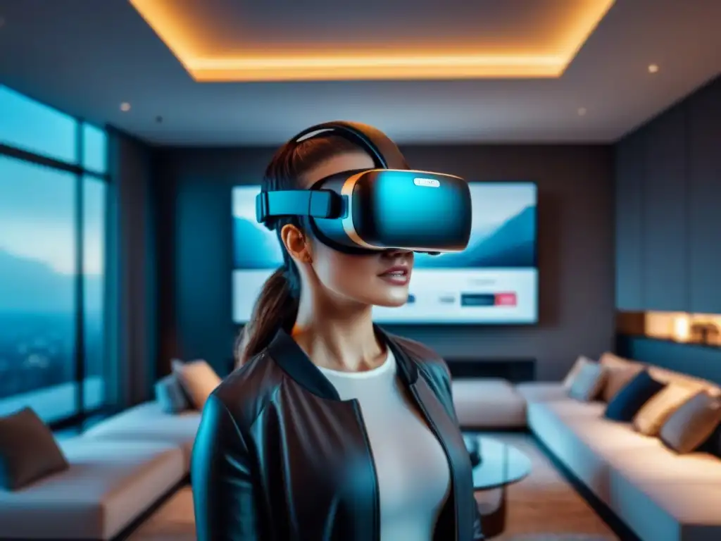 Realidad virtual y IA transforman el mercado inmobiliario Experiencia inmersiva de Marketing inmobiliario personalizado con IA en sala de estar futurista