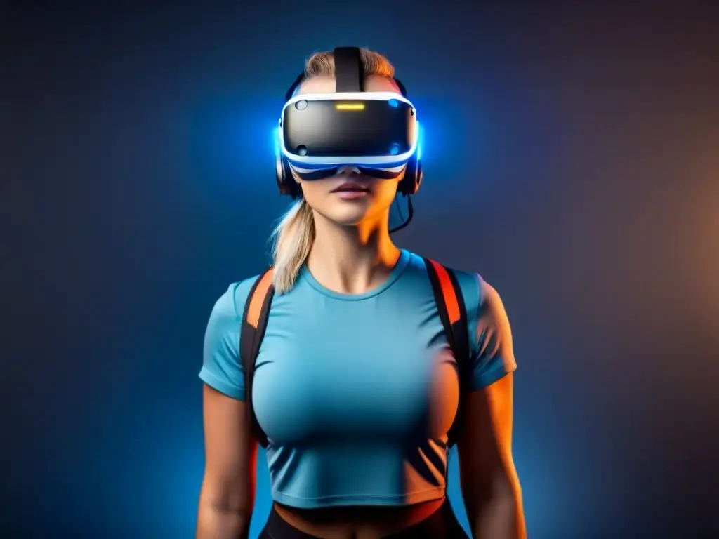 Visor de realidad virtual futurista para plataforma PropTech Una experiencia inmersiva en plataformas PropTech con diseño futurista y luces LED brillantes en un visor de realidad virtual