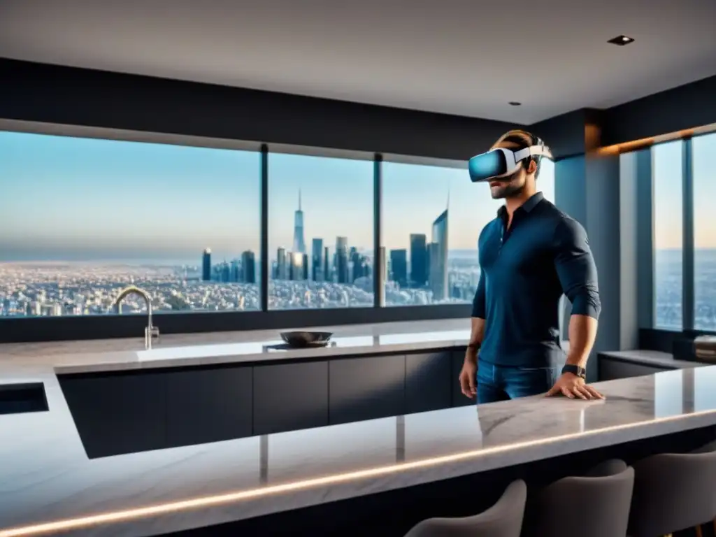 Realidad virtual de lujo en moderno entorno urbano Experiencia inmersiva: Protección inversiones inmobiliarias realidad virtual en elegante headset VR sobre mesada de mármol
