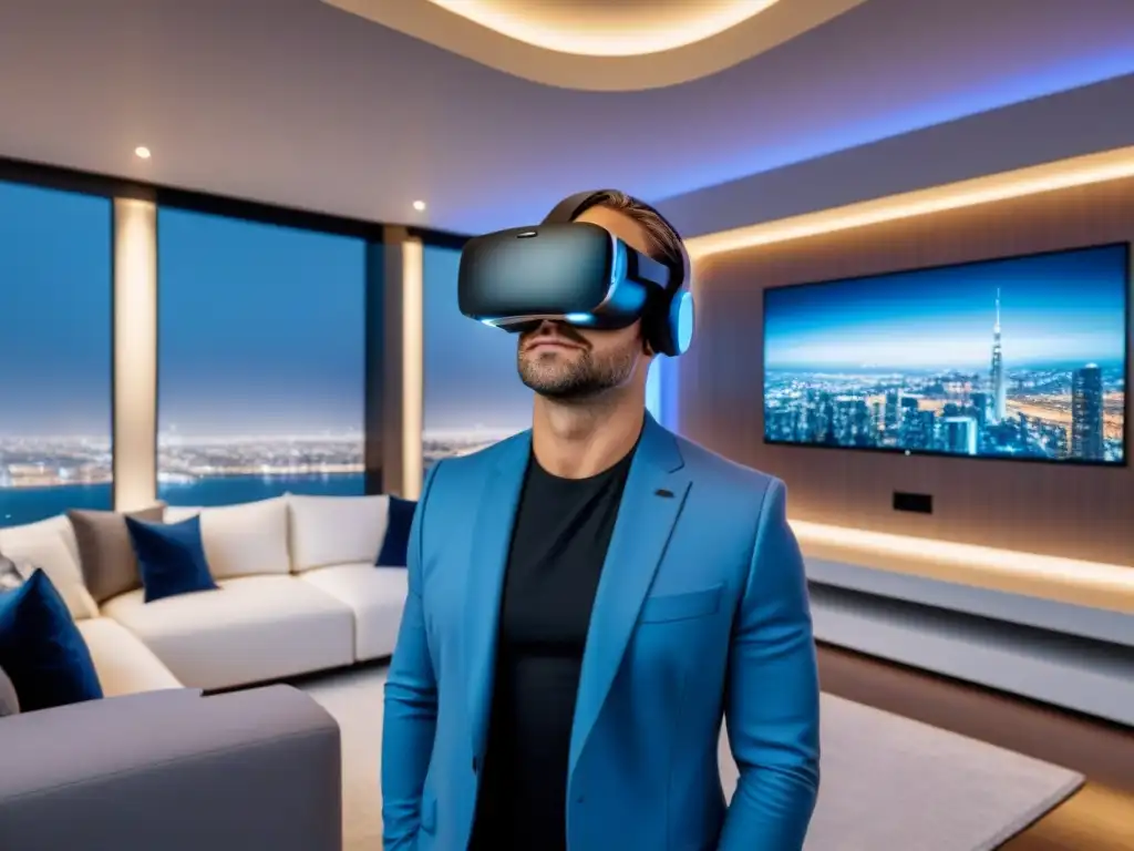 VR de lujo: Propiedad internacional de alta gama en headset futurista Experiencia de inversión inmobiliaria internacional con realidad virtual de lujo y sofisticación