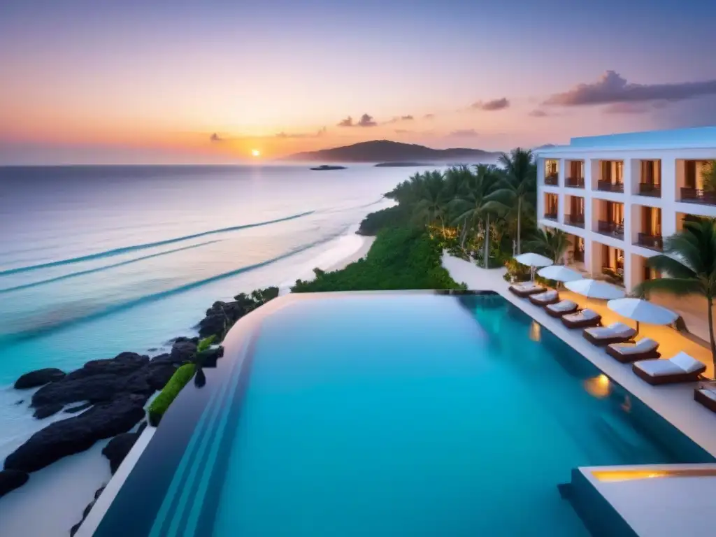 Experiencia de lujo en resort frente al mar con playa, piscina infinita y atardecer dorado