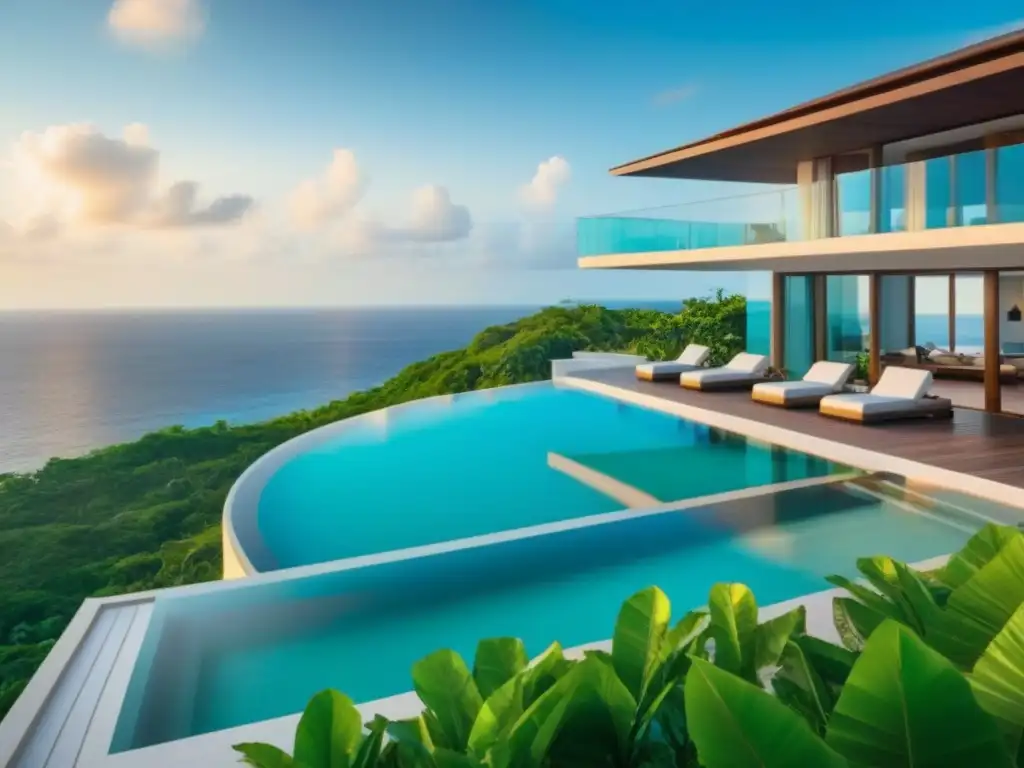 Villa de lujo en acantilado con infinity pool y helipuerto privado Experiencia de marca única: lujosa villa vacacional en acantilado con piscina infinita y vistas al mar turquesa al atardecer