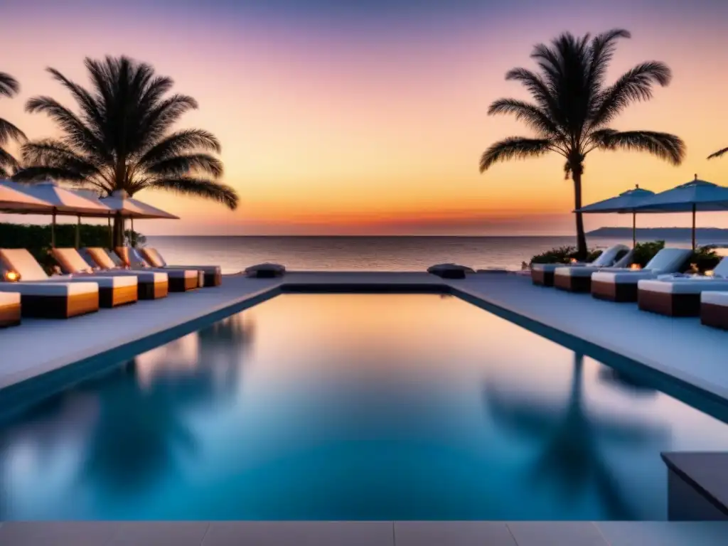 Exclusiva piscina infinita en la playa al atardecer Experiencia única en infinity pool de lujo con vista a playa al atardecer; huéspedes disfrutan cócteles