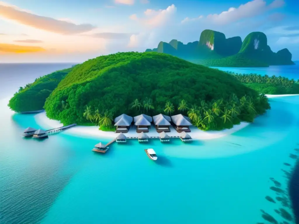 Paraíso privado: isla exclusiva con villas sobre el agua y atardeceres Experiencias inolvidables en resort de isla privada con villas sobre el agua, piscinas infinitas y exuberante vegetación tropical