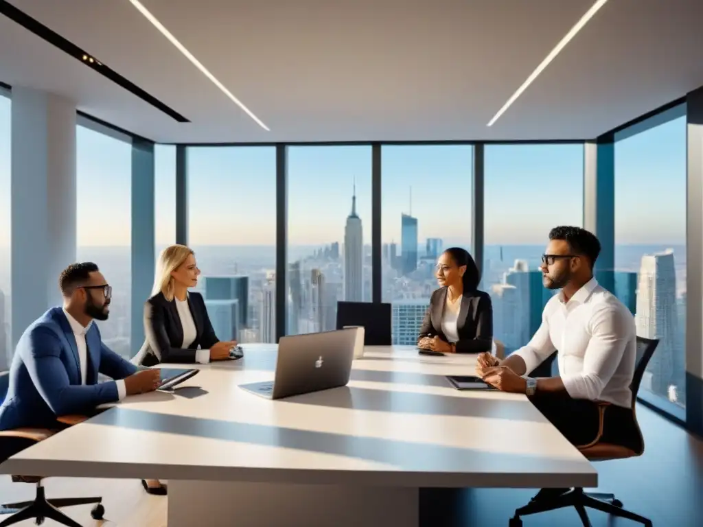 Reunión de expertos inmobiliarios en oficina moderna Expertos en bienes raíces discuten tendencias Due Diligence inmobiliaria en moderna oficina con vista panorámica urbana