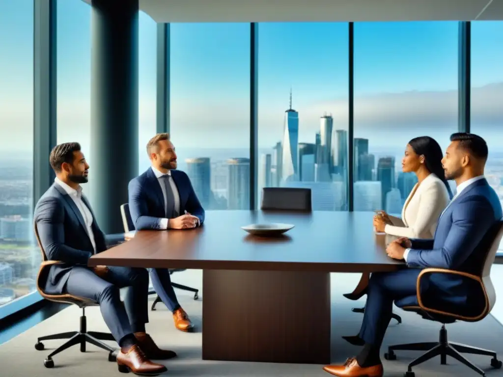 Profesionales debatiendo estrategias de inversión inmobiliaria Expertos debaten estrategias de inversión inmobiliaria internacional en moderna sala de juntas con vista a la ciudad