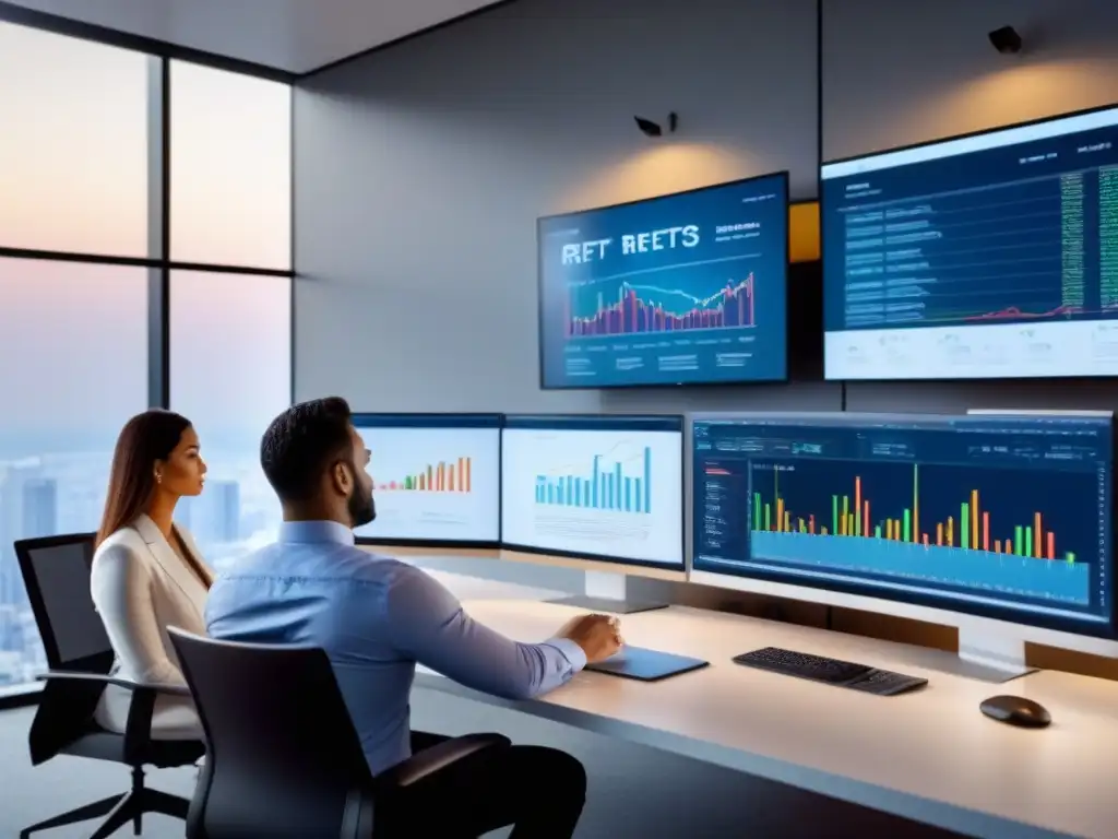 Expertos financieros analizan REITs en pantalla en oficina moderna Expertos financieros analizan Valuación REITs en moderna oficina