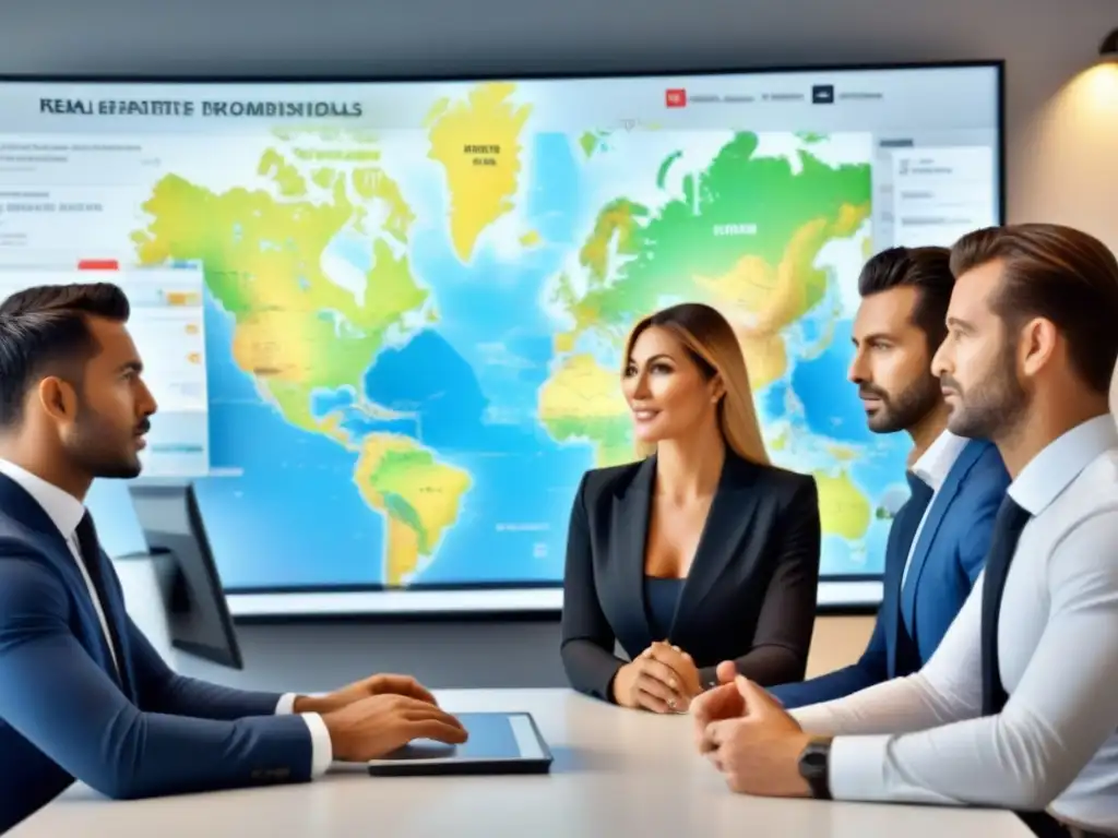 Equipo experto en bienes raíces analizando mercado global Expertos inmobiliarios debaten estrategias globales con mapamundi y tecnología avanzada