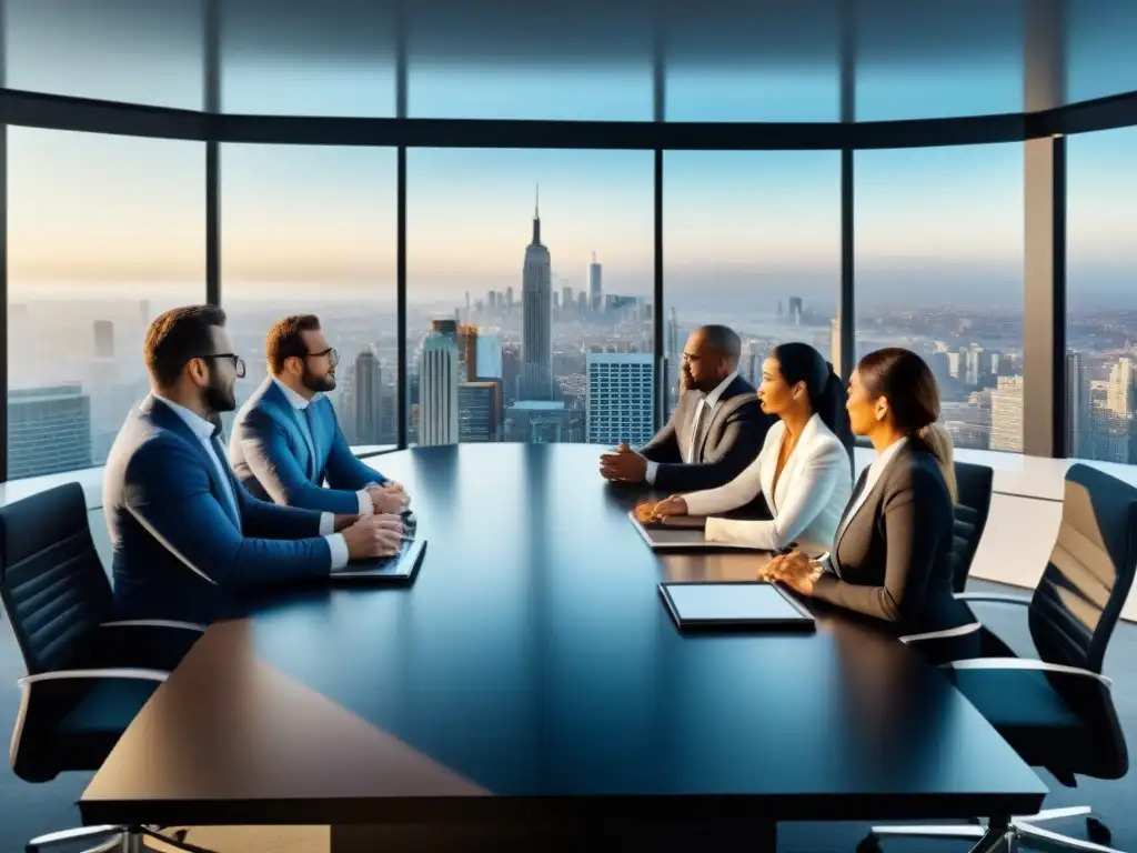 Expertos inmobiliarios internacionales en reunión estratégica Expertos en inversiones inmobiliarias internacionales colaborando en moderna oficina con vistas a la ciudad
