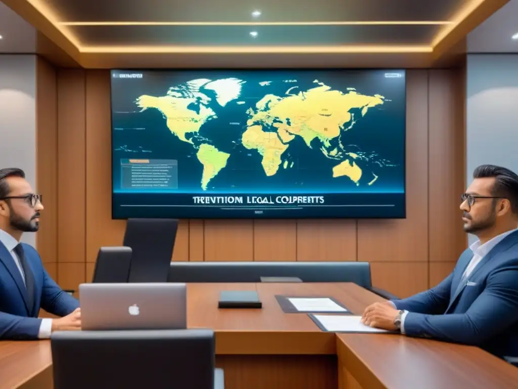 Escena de tribunal moderno con expertos legales y disputas inmobiliarias internacionales Expertos legales debatiendo disputas internacionales con tecnología avanzada en sala moderna