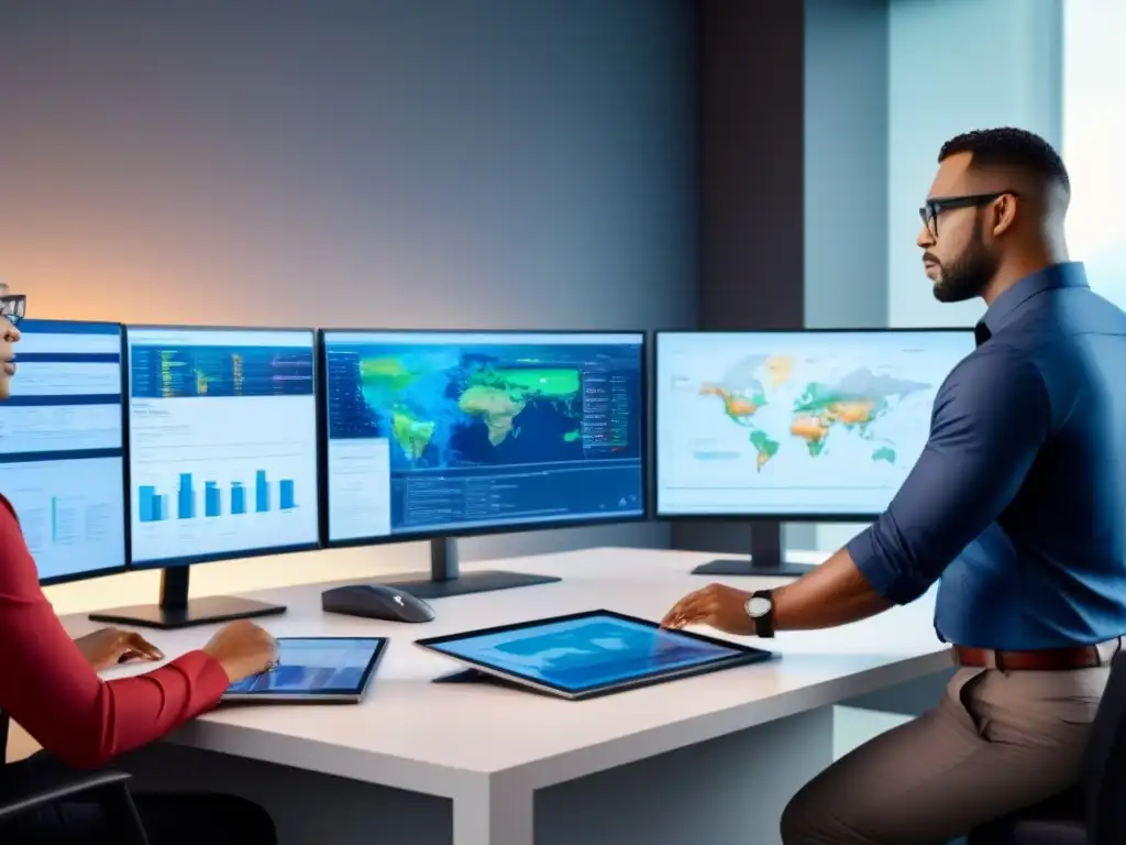 Expertos en seguros de riesgos geológicos en oficina moderna Expertos en seguros de propiedades en riesgo geológico internacional analizando datos en una oficina moderna y tecnológica