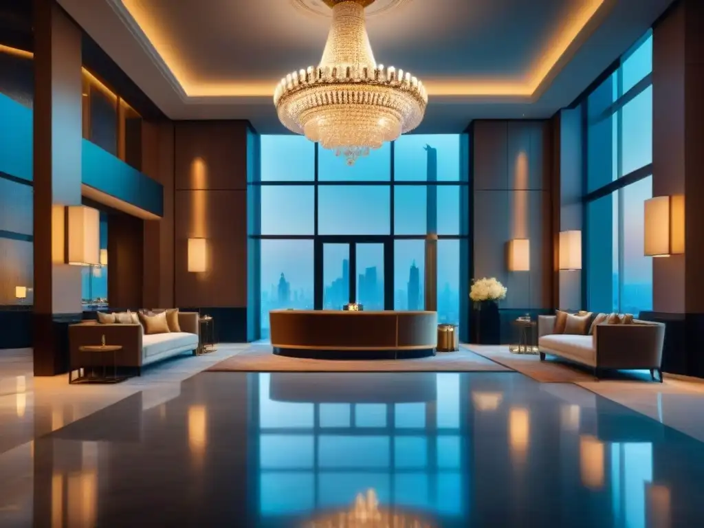 Espléndido lobby de hotel de lujo con candelabro de cristal y arte contemporáneo Exquisita arquitectura de hoteles de lujo internacional con chandelier de cristal y decoración contemporánea en un lobby elegante al anochecer