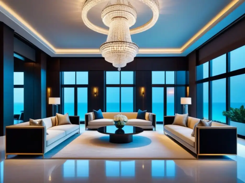 Esplendor en el lobby: lujo moderno y sofisticación junto al mar Exquisita decoración interior de resorts de lujo con chandelier, sofás de terciopelo y arte contemporáneo