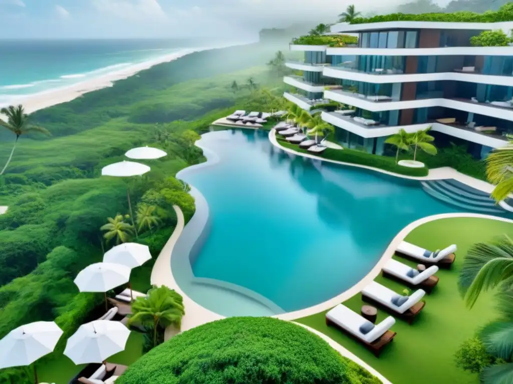 Resort de lujo con vistas aéreas: exclusividad y relajación Un exquisito resort de tiempo compartido de lujo con arquitectura moderna, piscinas infinitas y huéspedes disfrutando de amenidades exclusivas