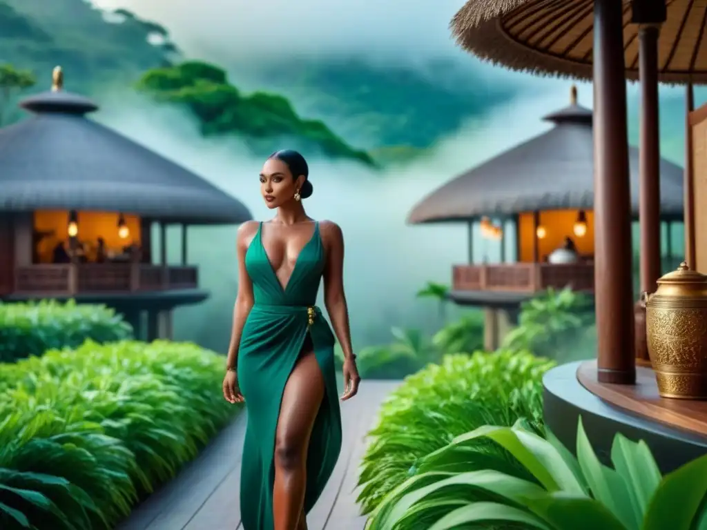 Resort de lujo en entorno tropical con mercado artesanal vibrante Un exquisito resort integrando tradiciones locales en un vibrante mercado artesanal, rodeado de exuberante vegetación tropical