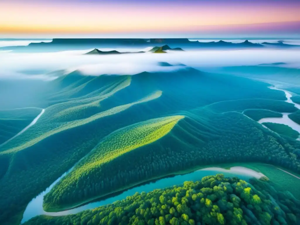 Un extenso paisaje de terrenos sin desarrollar, con colinas, bosques y ríos, contrastando con rascacielos lejanos