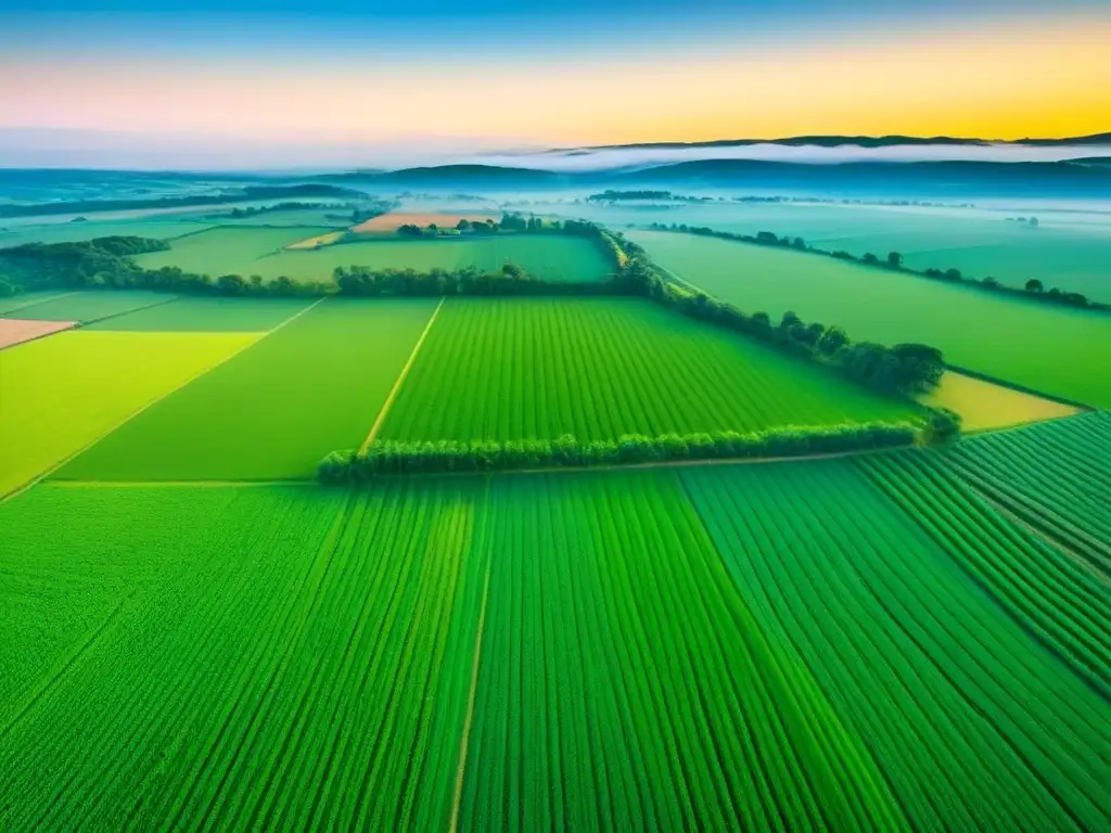 Vistas aéreas impresionantes de campos verdes interminables Extensos campos verdes y granjas dispersas bajo cielo azul