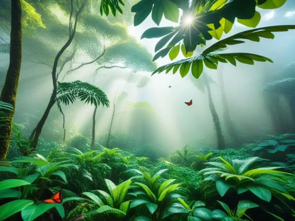 Selva tropical exuberante: luz y sombras Un exuberante dosel de selva tropical con luz filtrándose entre las hojas verdes, mostrando un ecosistema próspero y armonía con la naturaleza