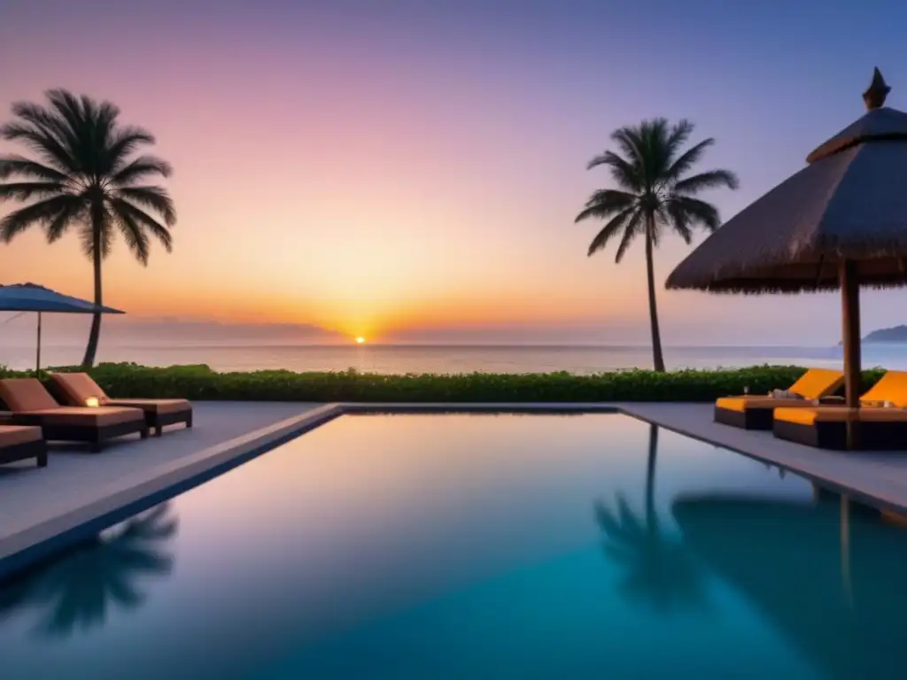 Infinity pool de lujo en atardecer en la playa Exuberante piscina infinita de lujo en resort de tiempo compartido con vista al mar al atardecer, rodeada de palmeras y ambiente elegante