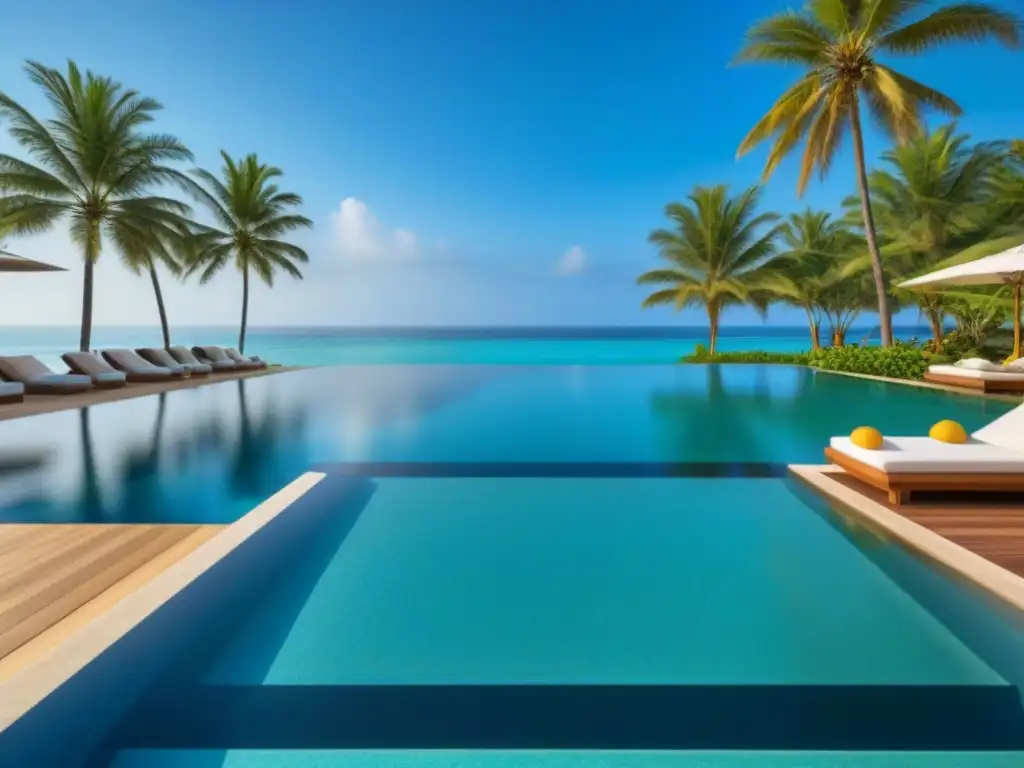 Paraíso de lujo: piscina infinita frente al mar en resort exclusivo Exuberante piscina infinita en resort de lujo, con vista a la playa