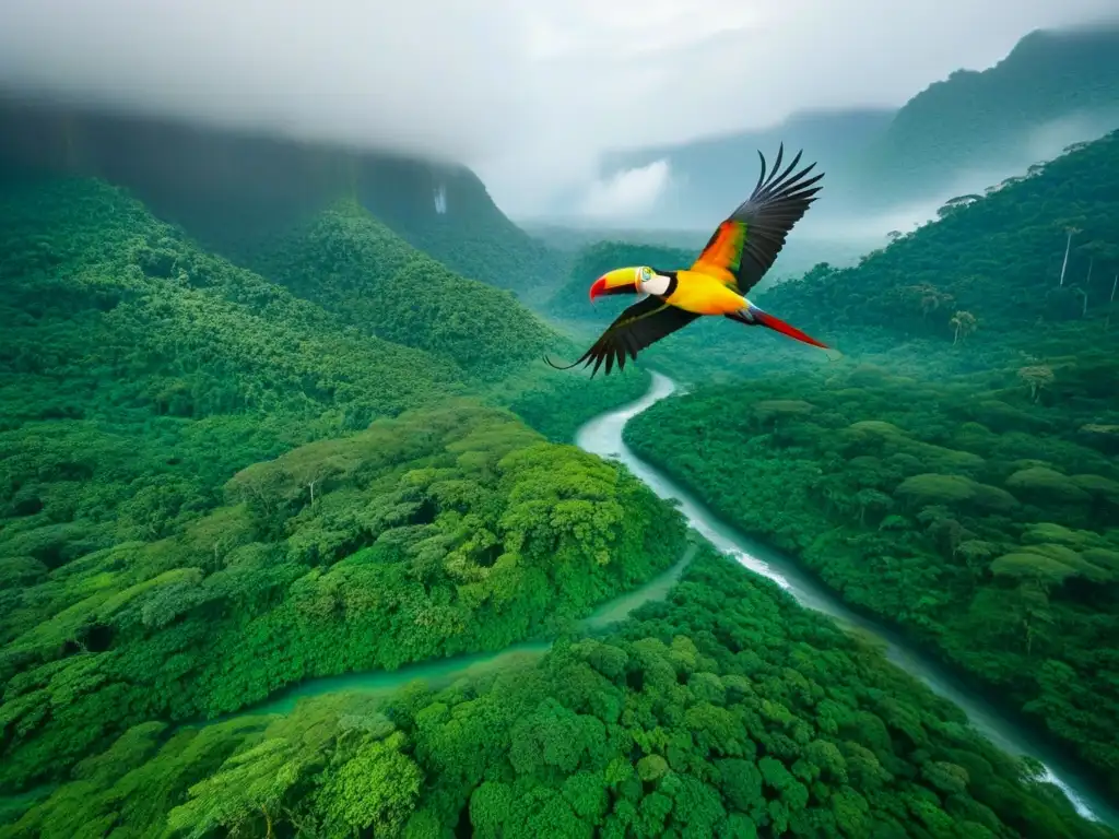 Selva exuberante: río serpenteante y aves vibrantes en vuelo Explora la exuberante selva con río, aves y luz solar