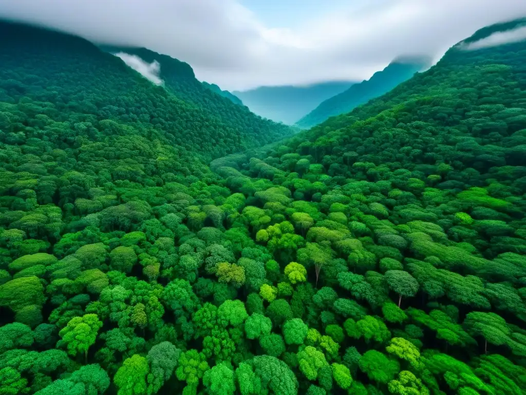 Selva virgen: mosaico natural impresionante en verde y azul La exuberante selva tropical se extiende hasta donde alcanza la vista, con tonos verdes vibrantes que contrastan con un cielo azul claro