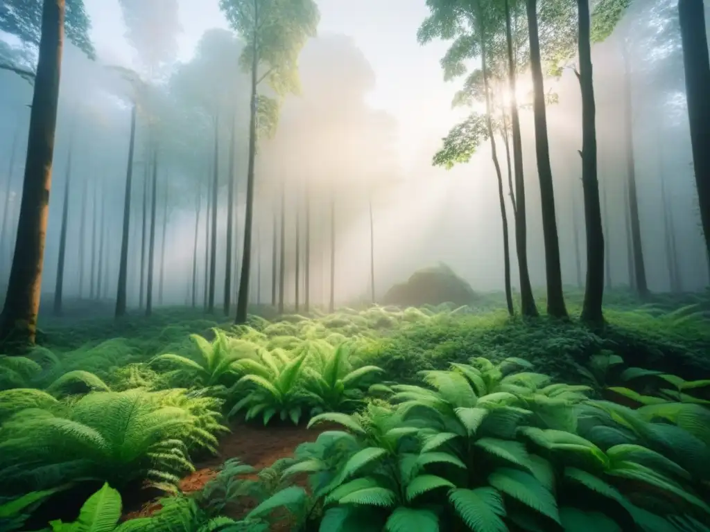 Renacimiento verde: bosque exuberante en recuperación postdesastre Una exuberante selva verde recuperando un paisaje devastado, resaltando la Recuperación postdesastre con prácticas ecológicas