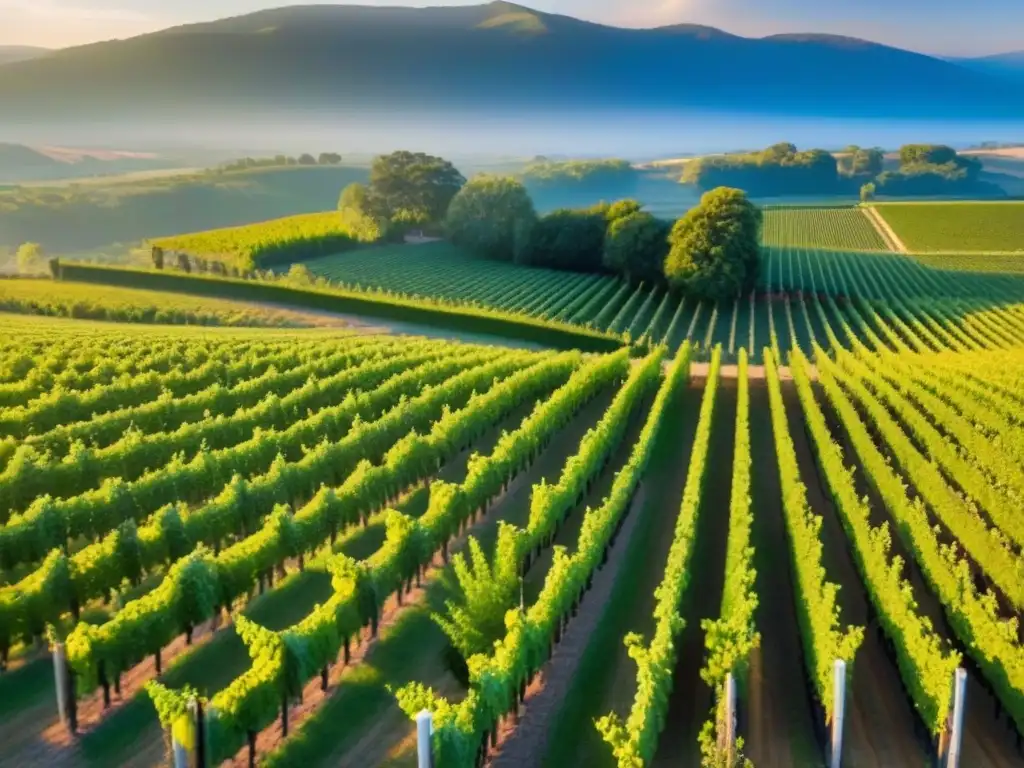 Viñedos exuberantes al atardecer: belleza natural y potencial enológico Un exuberante viñedo con hileras de uvas maduras y un moderno viñedo al fondo