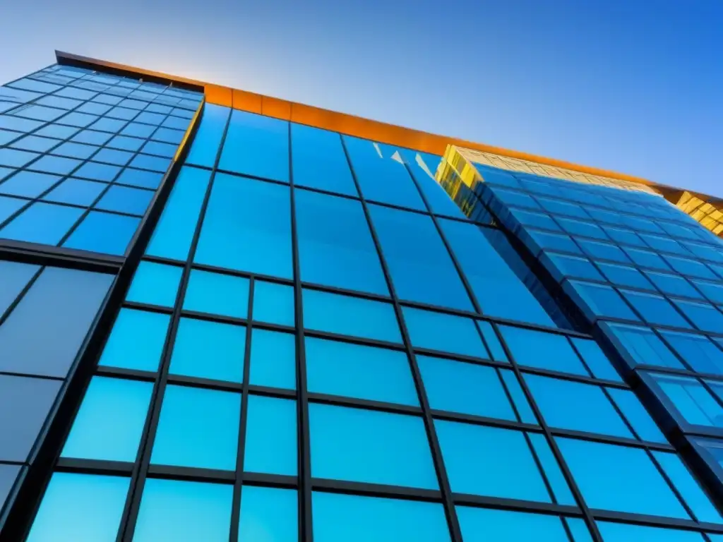 Edificio de oficinas moderno y lujoso en la ciudad Fachada de edificio moderno y lujoso con ventanales de piso a techo reflejando un vibrante horizonte urbano
