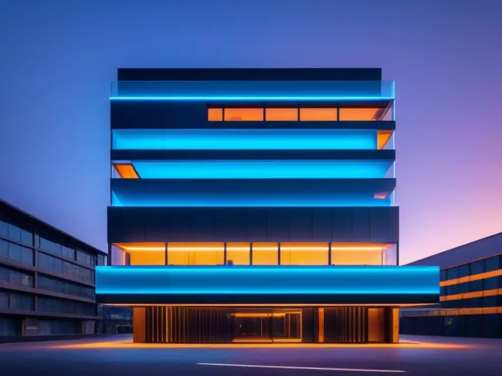 Edificio futurista con seguridad avanzada y luces neón Fachada futurista iluminada por luces de neón con avanzada IA en seguridad de propiedades
