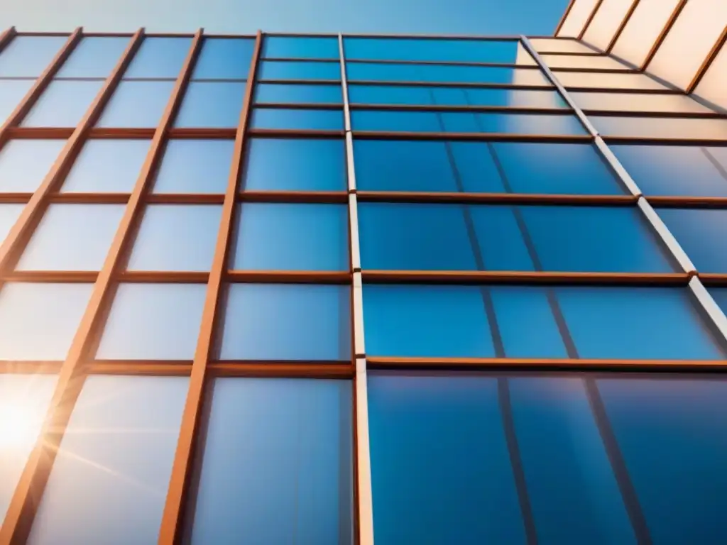 Edificio futurista con paneles solares reflectantes y diseño innovador Fachada futurista con paneles solares reflectantes y patrones geométricos, mostrando eficiencia energética en materiales de construcción vanguardia