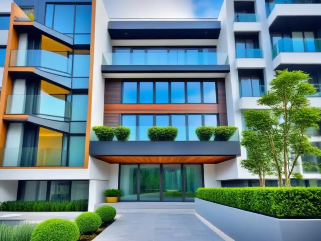 Edificio de lujo: fachada moderna y elegante en la ciudad Fachada lujosa de edificio moderno con ventanas de vidrio, entorno verde y lobby elegante