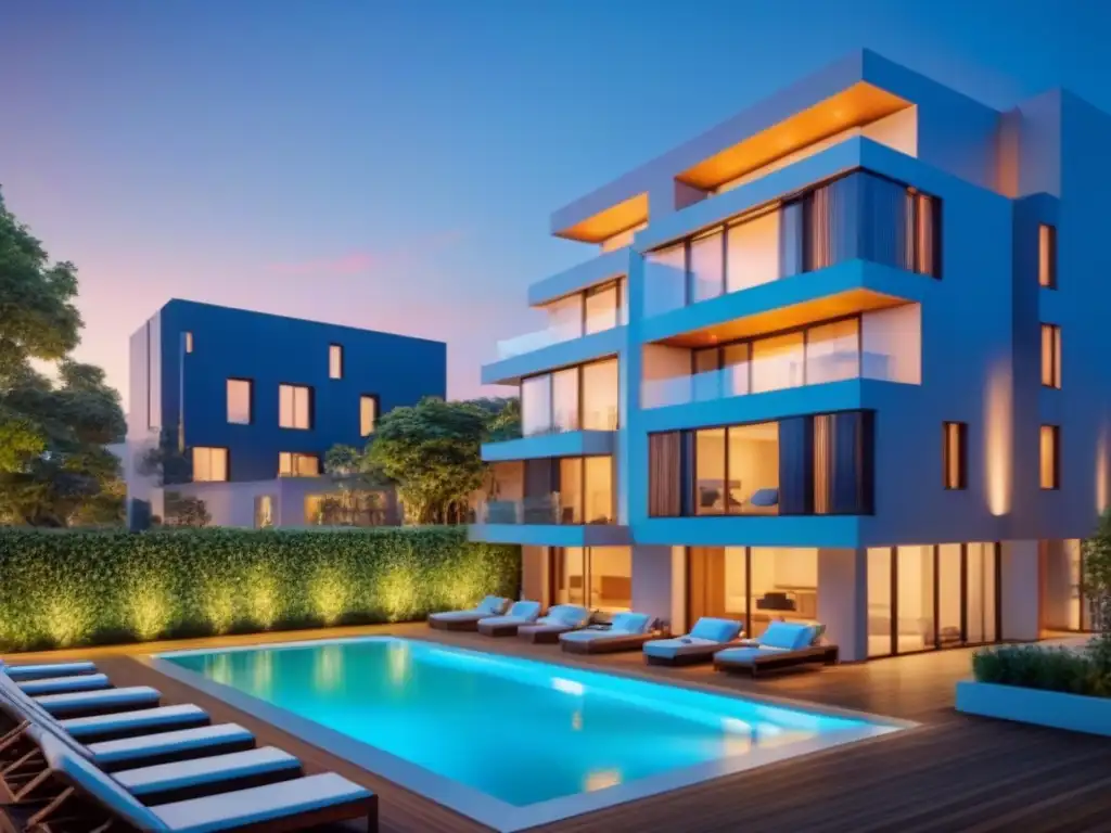 Edificio moderno con vista panorámica en la ciudad al atardecer Fachada moderna de edificio con vista a la ciudad al atardecer, ideal para inquilinos confiables propiedades alquiler