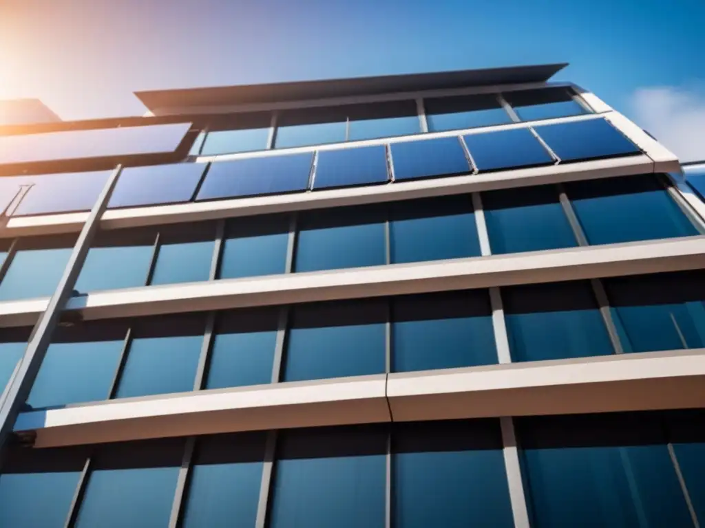 Fachada solar futurista: diseño arquitectónico sostenible Fachada moderna con paneles solares integrados, reflejando la luz