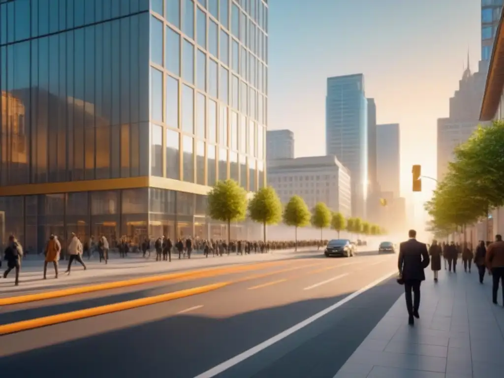 Edificio futurista en hora dorada: escena urbana vibrante Fachada moderna de rascacielos en atardecer dorado con gente diversa en la ciudad