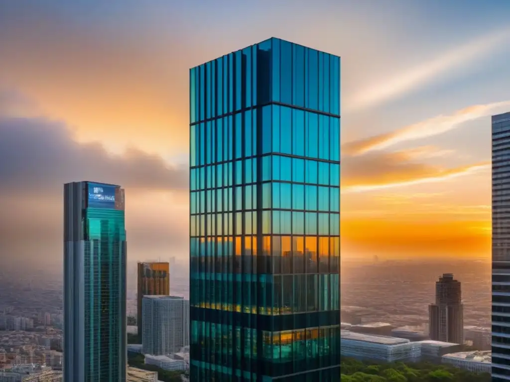 Fachada de rascacielos moderno al atardecer con impacto de color Fachada moderna de rascacielos al atardecer, reflejando luz dorada en cristales, resaltando la *importancia del color en inmobiliaria*