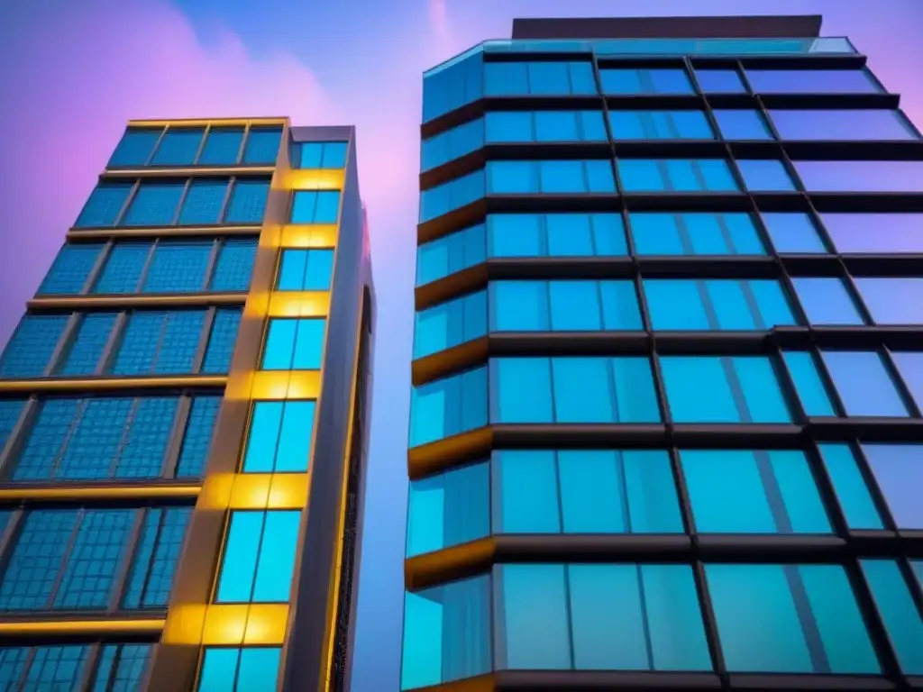 Edificio de lujo: modernidad y elegancia en la ciudad Fachada moderna de rascacielos con vidrios reflectantes que muestra un paisaje urbano