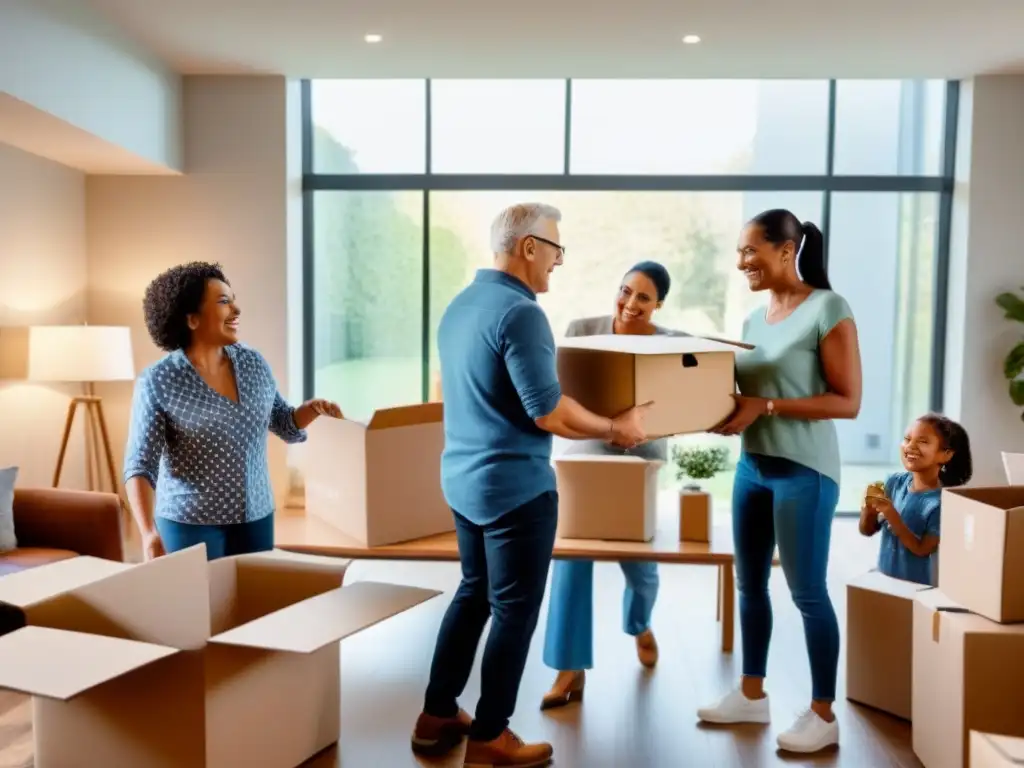 Familia diversa feliz desempacando en su moderna casa de ensueño Una familia diversa desempacando felices en su nuevo hogar soñado, reflejando la unión y las dinámicas familiares en el mercado inmobiliario global