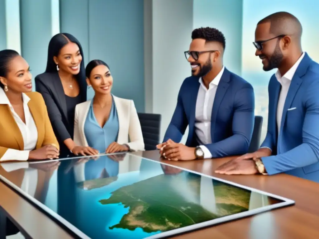 Reunión familiar global de inversión inmobiliaria Una familia diversa discute oportunidades de inversión inmobiliaria global, fusionando tradiciones familiares con innovación tecnológica