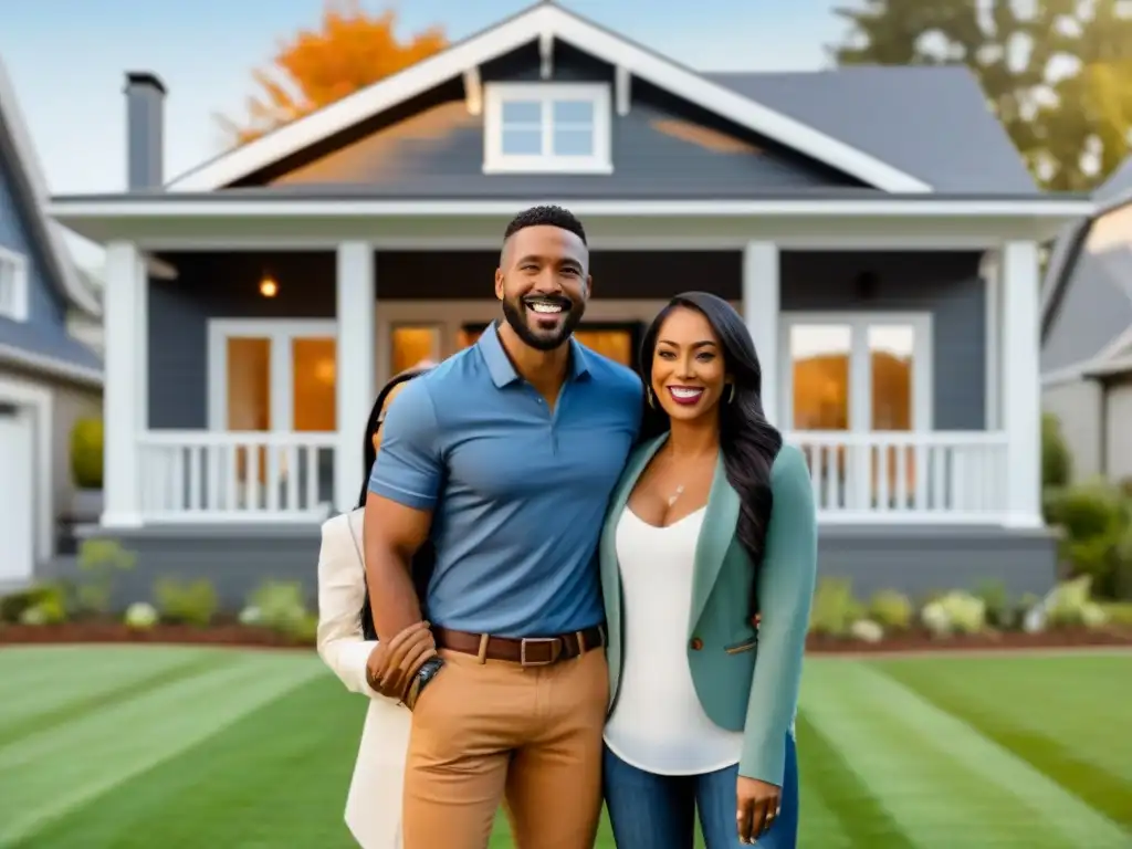 Familia feliz frente a su nueva casa moderna Familia joven feliz frente a casa nueva, transmitiendo emoción por comprar primera vivienda juntos