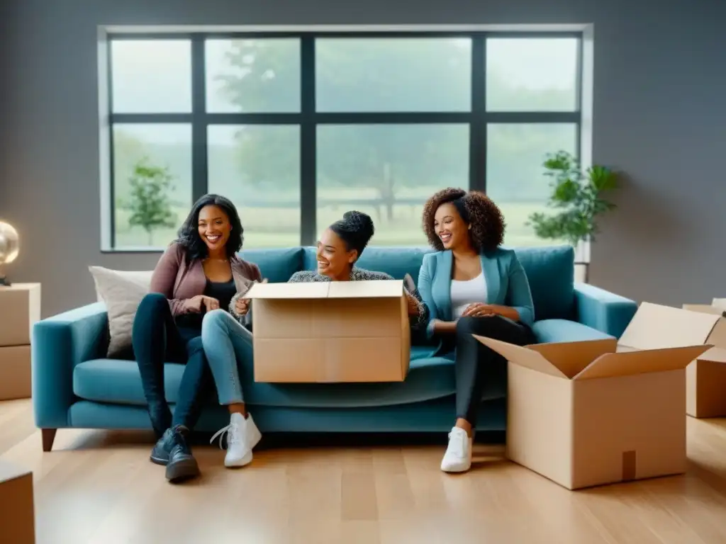 Familia feliz desempacando en casa nueva moderna Familia joven feliz desempacando en su nueva casa moderna