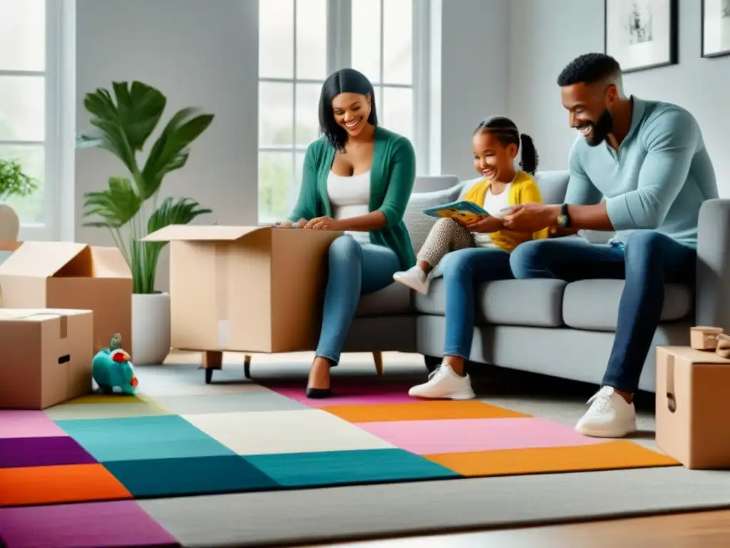 Familia feliz desempacando en su nuevo hogar Familia joven desempacando en su moderno salón nuevo